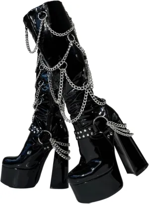 Frankie Hsu Goth Sexy Chunky Platform Knee High Heeled Boots, Black Patent Silver Multi Chain Rivets Buckle Gothic, Punk Y2K Hot Girl Big Large Size Wide Calf Shoes For Women Men