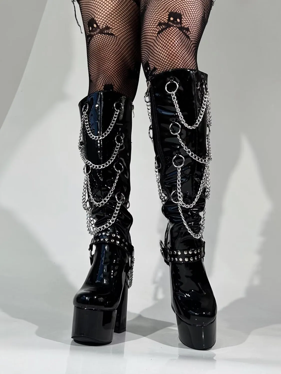 Frankie Hsu Goth Sexy Chunky Platform Knee High Heeled Boots, Black Patent Silver Multi Chain Rivets Buckle Gothic, Punk Y2K Hot Girl Big Large Size Wide Calf Shoes For Women Men