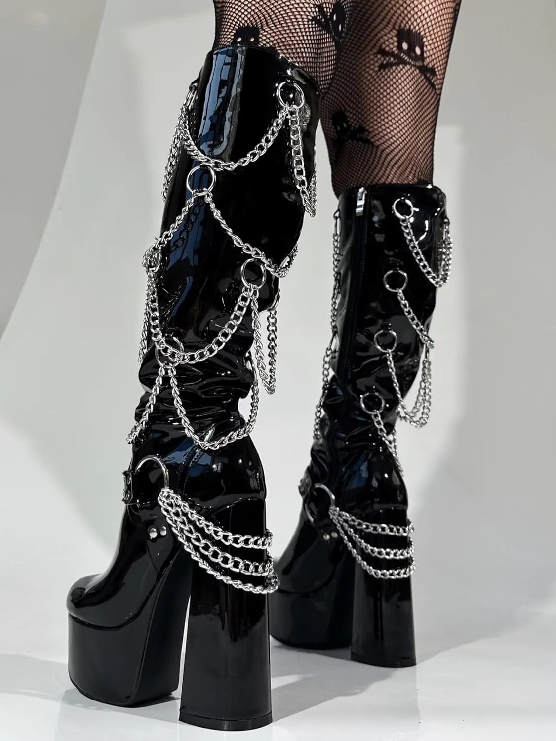 Frankie Hsu Goth Sexy Chunky Platform Knee High Heeled Boots, Black Patent Silver Multi Chain Rivets Buckle Gothic, Punk Y2K Hot Girl Big Large Size Wide Calf Shoes For Women Men