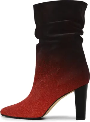 FSJ Women Slouchy Mid Calf Boots Pointed Toe Chunky High Heel Classic Ankle Bootie Stretchy Leather Slip On Winter Wide Riding Boots Size 4-15 US