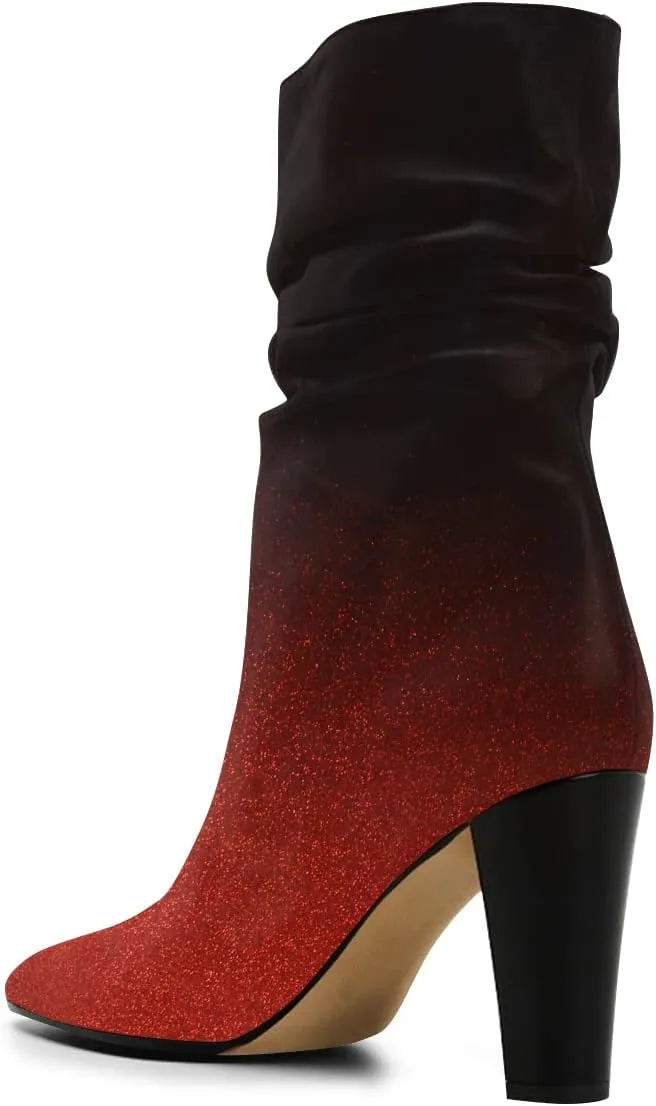 FSJ Women Slouchy Mid Calf Boots Pointed Toe Chunky High Heel Classic Ankle Bootie Stretchy Leather Slip On Winter Wide Riding Boots Size 4-15 US