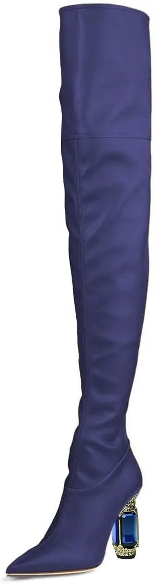 FSJ Women Winter Over The Knee Boots Crystal Chunky High Heel Stretch Thigh High Fashion Zipper Long Boots Warm Shoes Size 4-15 US