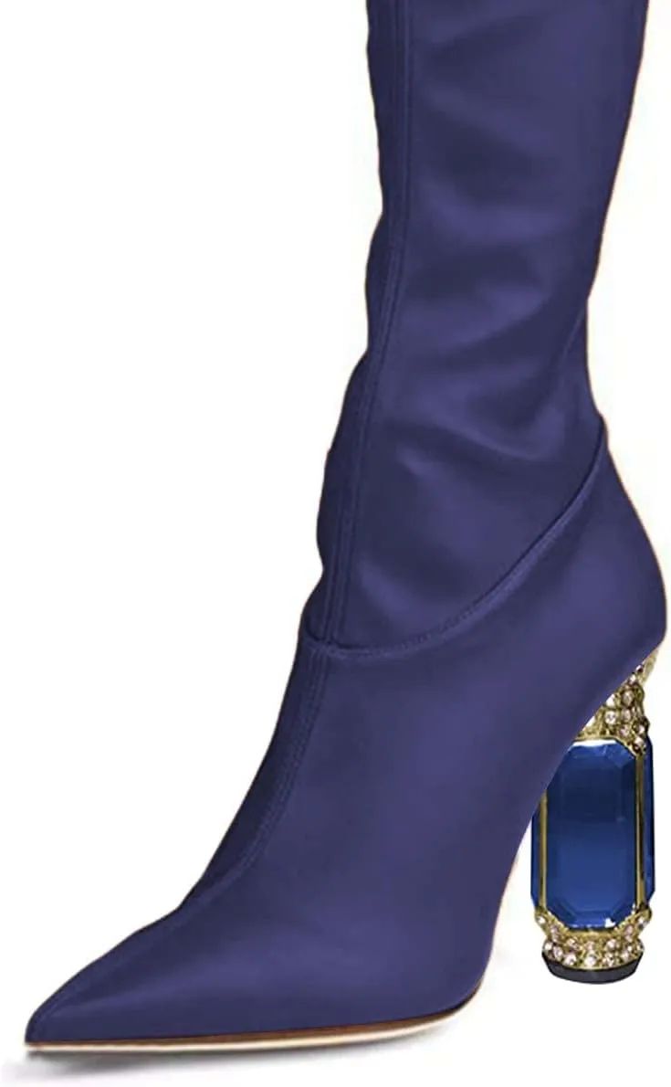 FSJ Women Winter Over The Knee Boots Crystal Chunky High Heel Stretch Thigh High Fashion Zipper Long Boots Warm Shoes Size 4-15 US