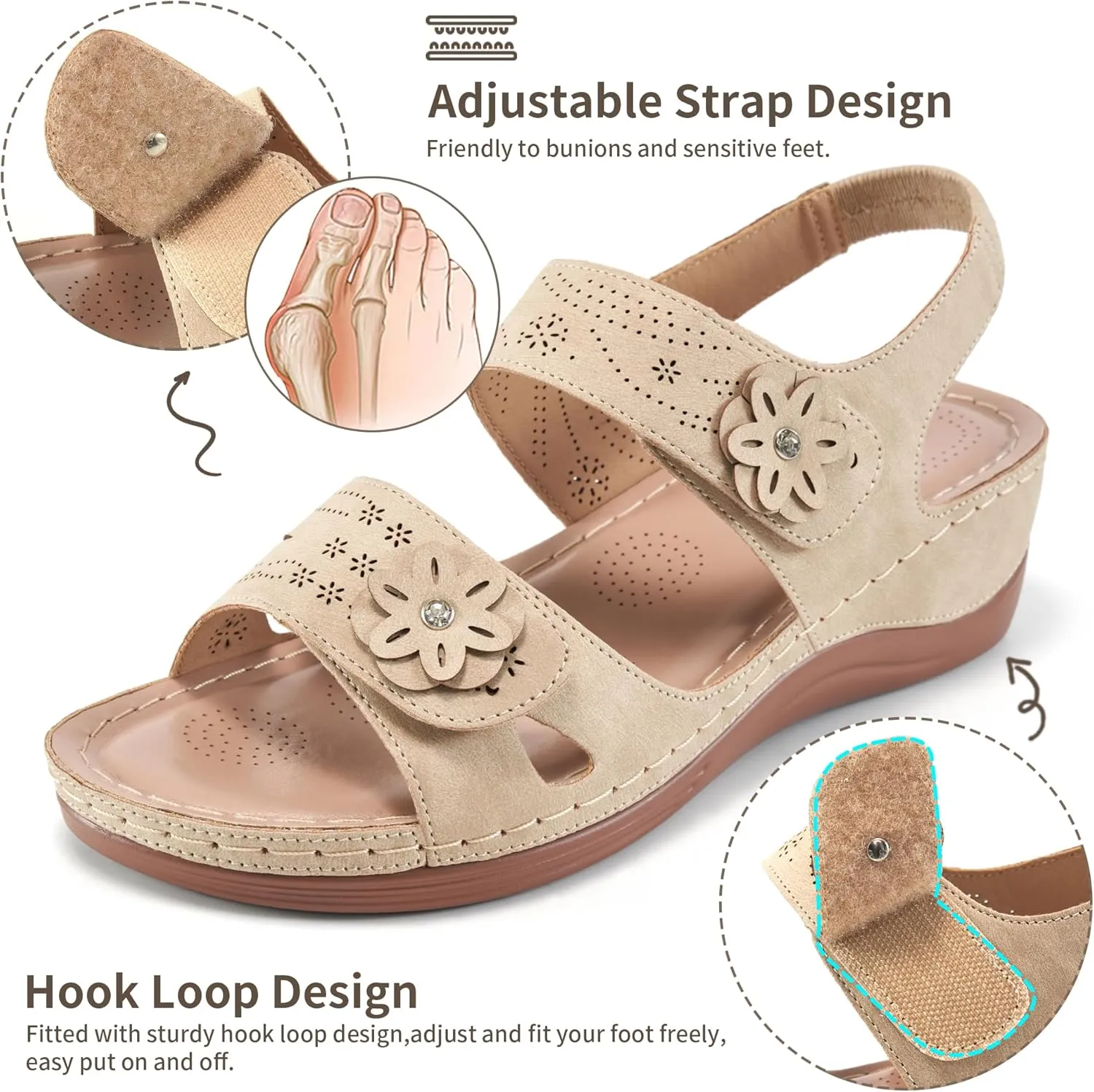 FUDYNMALC Sandals for Women Orthopedic Shoes: Comfortable Dressy Womens Wedge Sandal Summer Walking Wedges - Casual Platform Sandals with Adjustable Hook Loop