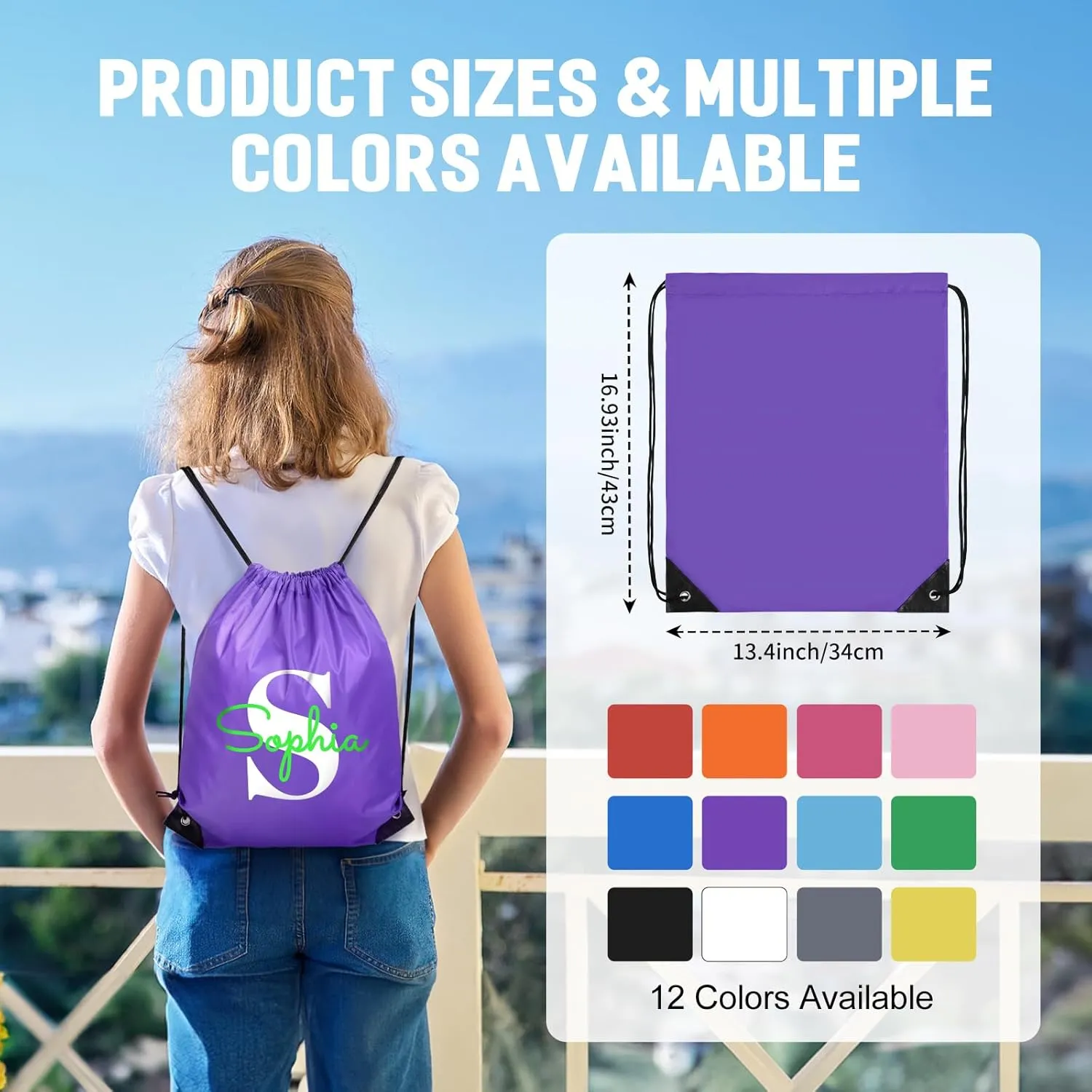 Fyore Custom Drawstring Backpacks, 200 Pack Personalized Drawstring Sports Bags with Your Initials Name for Gym Beach Climb Trips Party Events- 13.4x17Inch,12 Colors