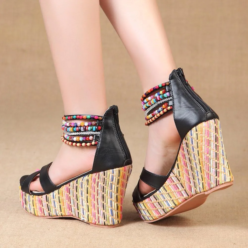 getmorebeauty Women's Wedge Sandals With Pearls Across The Top Platform Sandals High Heels