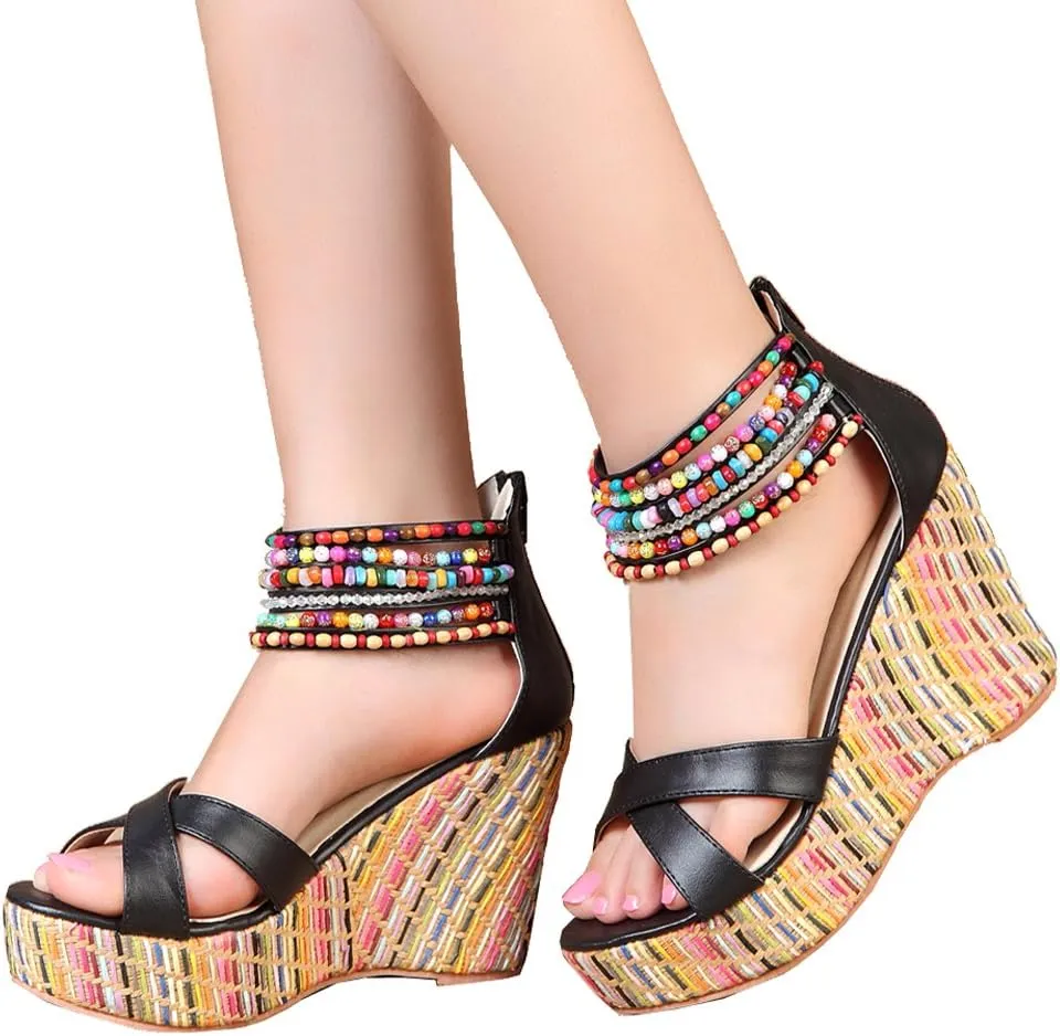 getmorebeauty Women's Wedge Sandals With Pearls Across The Top Platform Sandals High Heels