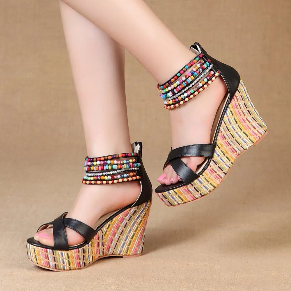getmorebeauty Women's Wedge Sandals With Pearls Across The Top Platform Sandals High Heels