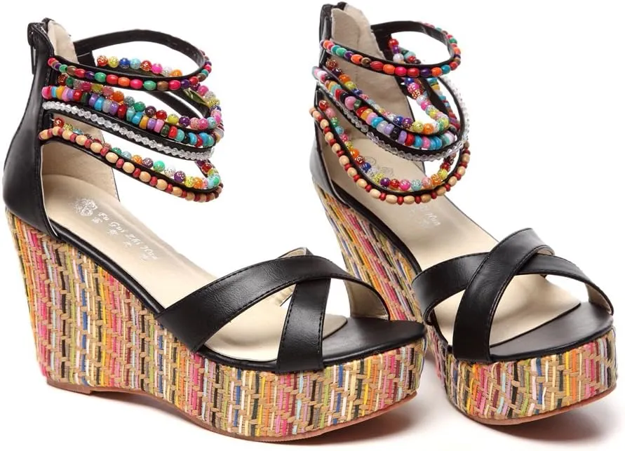 getmorebeauty Women's Wedge Sandals With Pearls Across The Top Platform Sandals High Heels