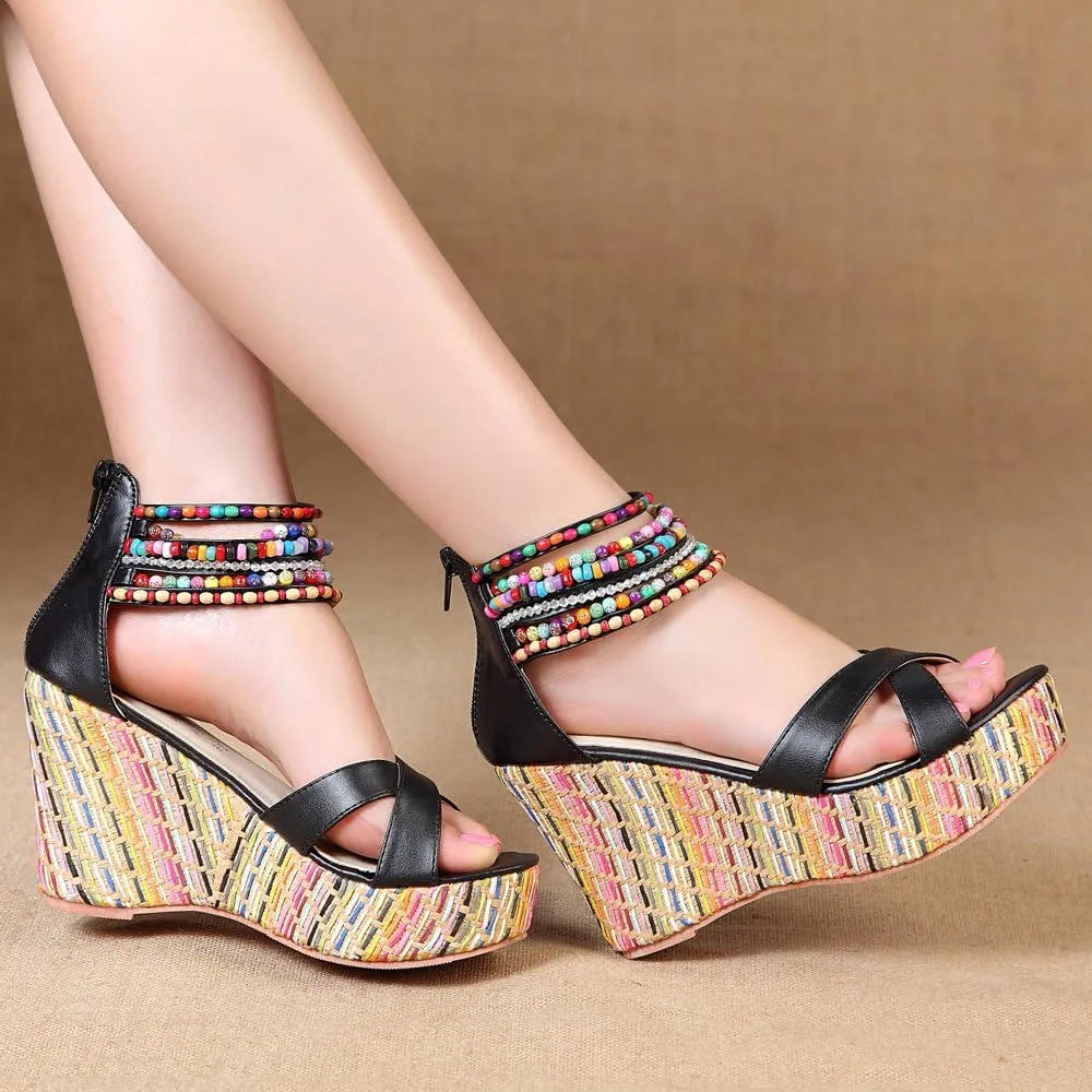 getmorebeauty Women's Wedge Sandals With Pearls Across The Top Platform Sandals High Heels