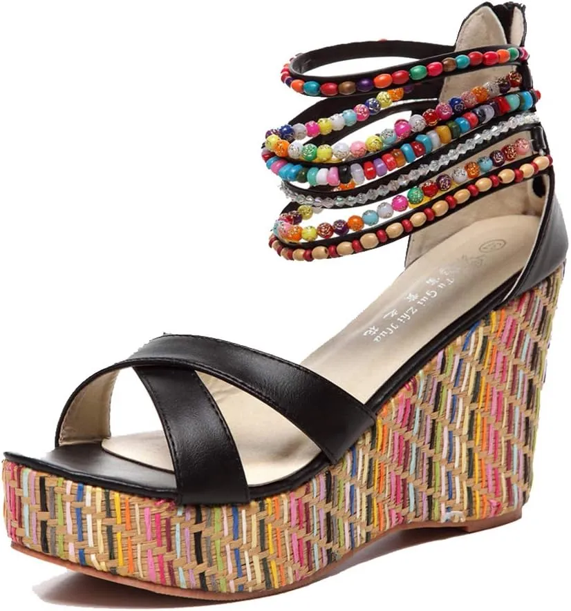 getmorebeauty Women's Wedge Sandals With Pearls Across The Top Platform Sandals High Heels