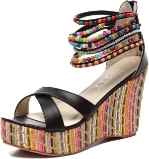 getmorebeauty Women's Wedge Sandals With Pearls Across The Top Platform Sandals High Heels