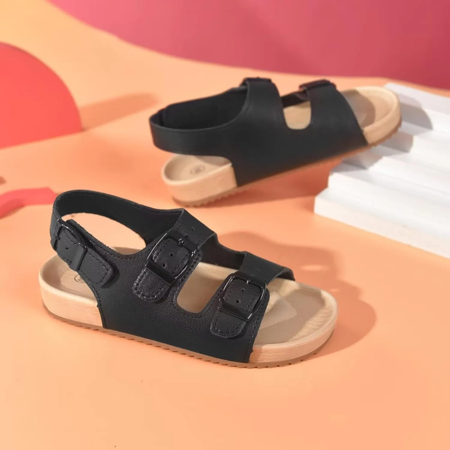Girls Boys Sandal Adjustable Double Buckle Casual Flat Open Toe Lightweight Summer Shoes Hook Loop Sandal for Toddler Little Big Kid