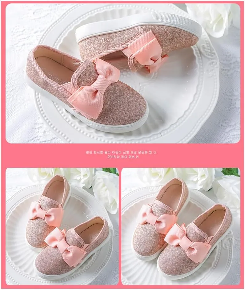 Girls Glitter Sequin Loafers Bowknot Slip On Sneakers Tennis Shoes