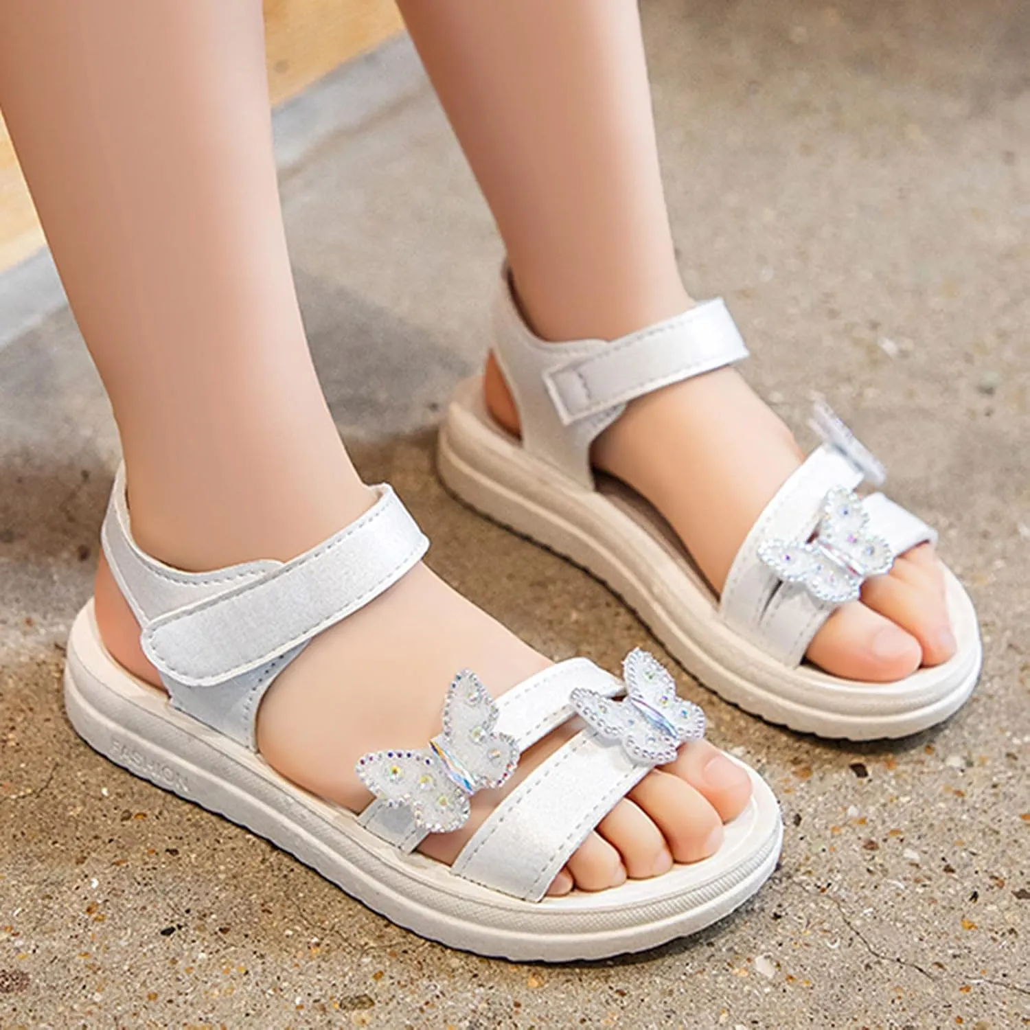 Girls Sandals Butterfly School Party Flat Sandal Anti-Slip Open Toe Double Strap Summer Dress Shoes