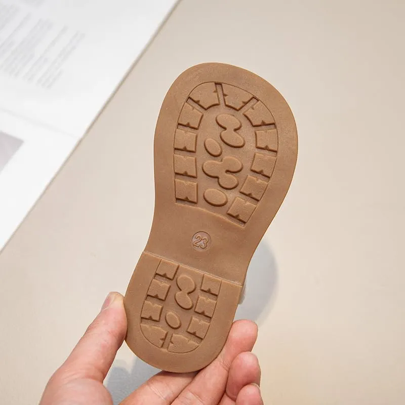 Girls Summer Sandals, Woven Strappy Design, Beige with Brown Sole, Hook and Loop Closure