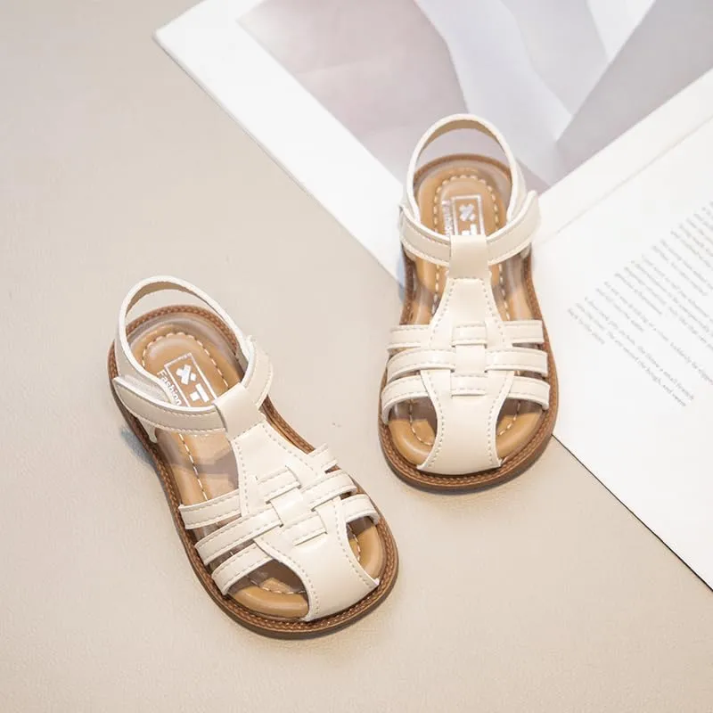 Girls Summer Sandals, Woven Strappy Design, Beige with Brown Sole, Hook and Loop Closure