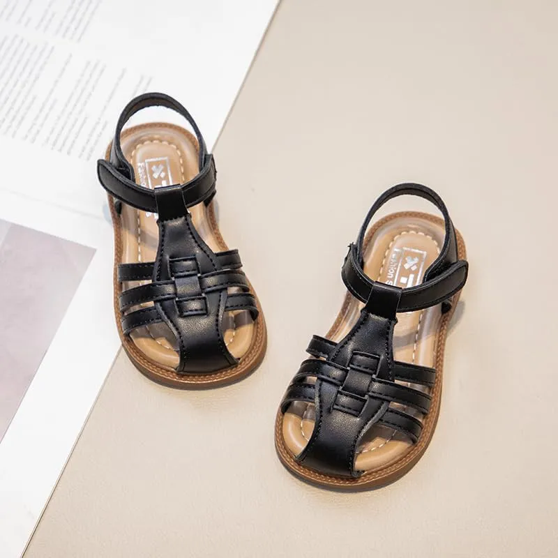 Girls Summer Sandals, Woven Strappy Design, Beige with Brown Sole, Hook and Loop Closure