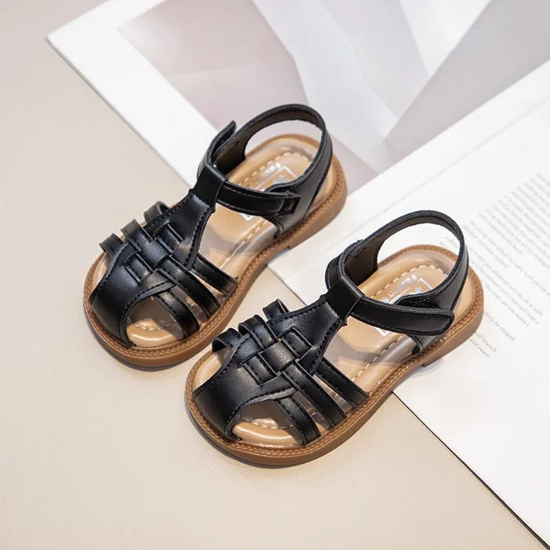 Girls Summer Sandals, Woven Strappy Design, Beige with Brown Sole, Hook and Loop Closure
