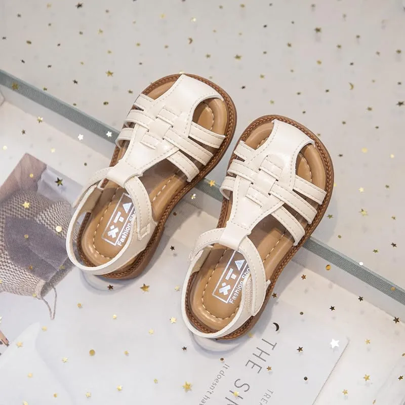Girls Summer Sandals, Woven Strappy Design, Beige with Brown Sole, Hook and Loop Closure