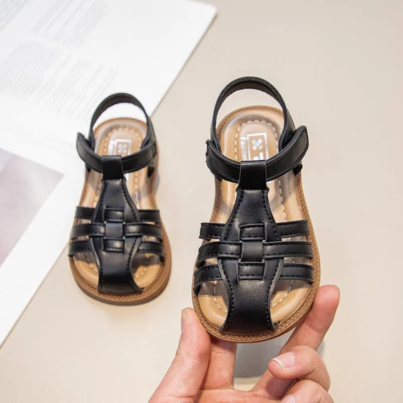 Girls Summer Sandals, Woven Strappy Design, Beige with Brown Sole, Hook and Loop Closure