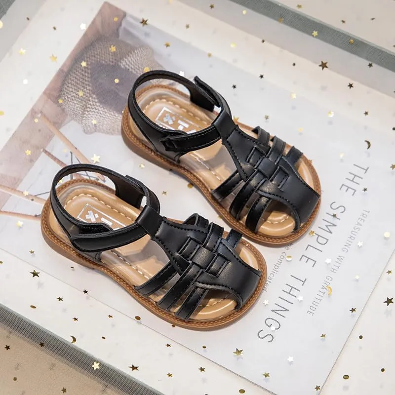 Girls Summer Sandals, Woven Strappy Design, Beige with Brown Sole, Hook and Loop Closure