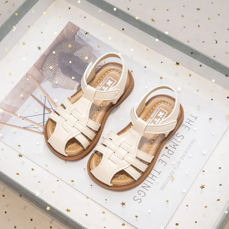Girls Summer Sandals, Woven Strappy Design, Beige with Brown Sole, Hook and Loop Closure
