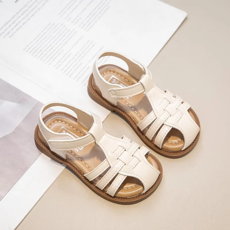 Girls Summer Sandals, Woven Strappy Design, Beige with Brown Sole, Hook and Loop Closure