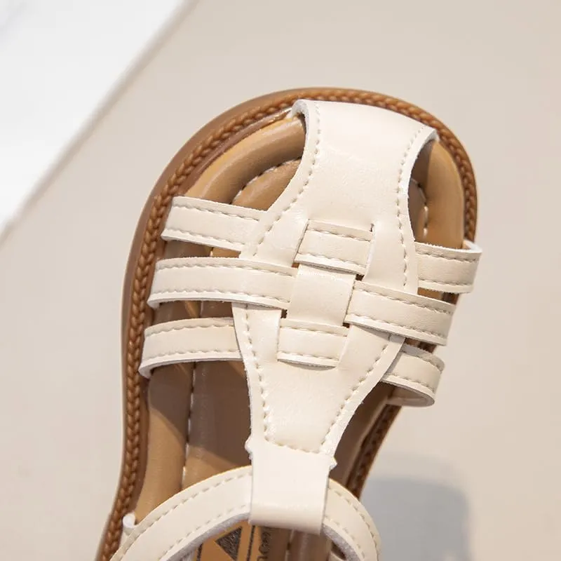 Girls Summer Sandals, Woven Strappy Design, Beige with Brown Sole, Hook and Loop Closure