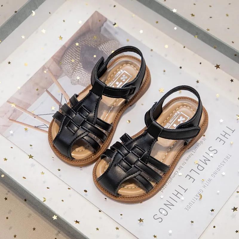 Girls Summer Sandals, Woven Strappy Design, Beige with Brown Sole, Hook and Loop Closure