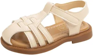 Girls Summer Sandals, Woven Strappy Design, Beige with Brown Sole, Hook and Loop Closure