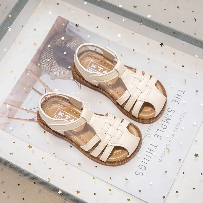 Girls Summer Sandals, Woven Strappy Design, Beige with Brown Sole, Hook and Loop Closure