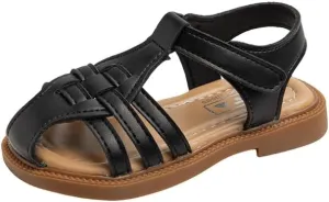 Girls Summer Sandals, Woven Strappy Design, Beige with Brown Sole, Hook and Loop Closure