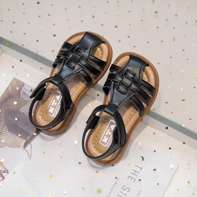 Girls Summer Sandals, Woven Strappy Design, Beige with Brown Sole, Hook and Loop Closure