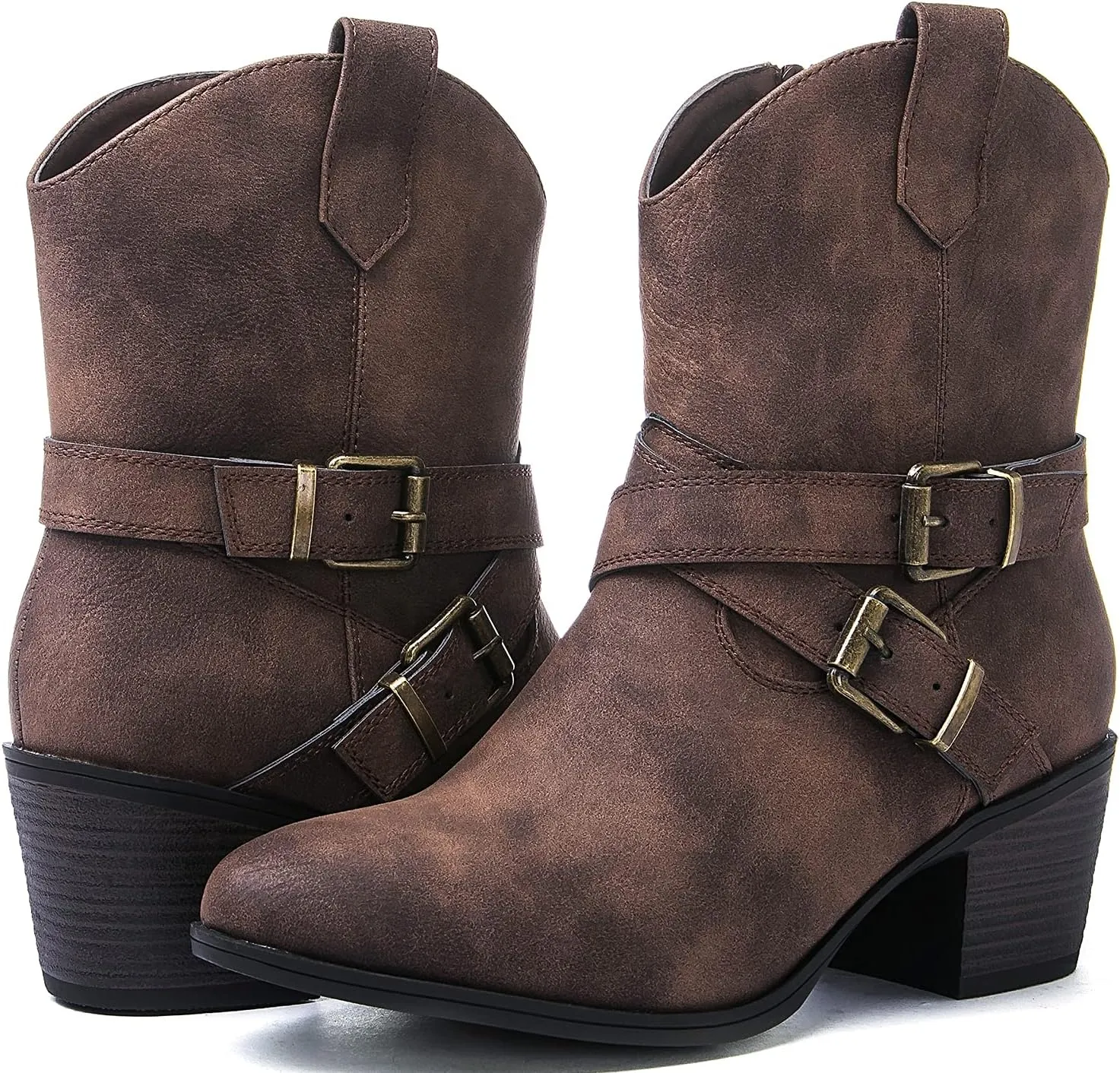 GLOBALWIN Women's Mid Calf Western Cowboy Boots Comfortable Cowgirl Boots for Women With Zipper Chunky Low Heel