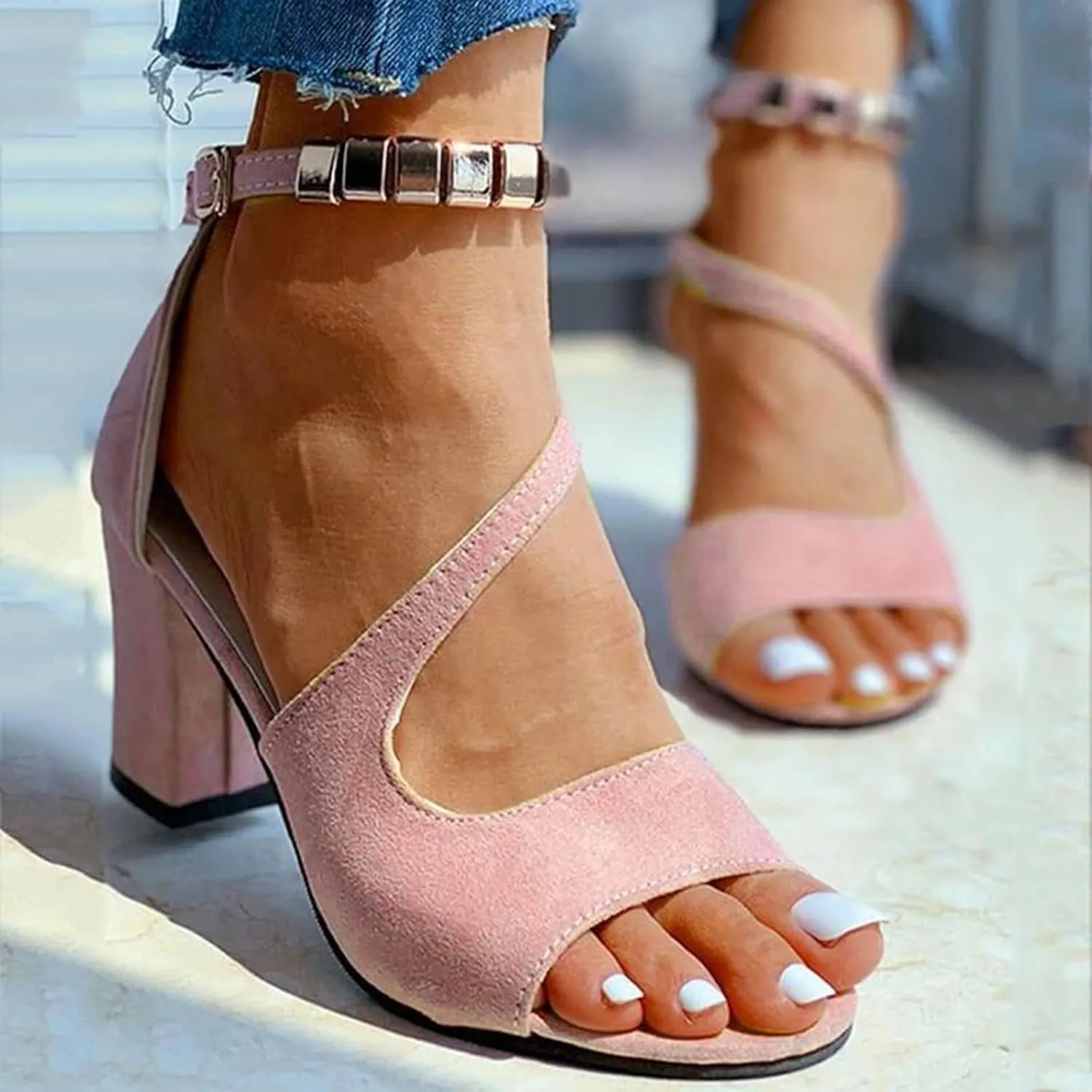 Gold Summer Sandals Women's Sandals Leather Fashion High-Heeled With Glittering Lime for Summer Stuff