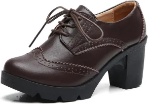 GORBINETI Women Oxfords Brogue Round Toe Pumps Vintage Platform Chunky Mid Heel Lace Up Dress Pump Shoes
