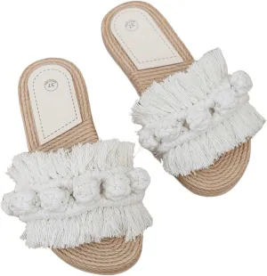 GORGLITTER Women's Boho Fringe Flat Sandals Dressy Wide Width Tassel Knot Open Toe Slides Summer Sandals Shoes 2025