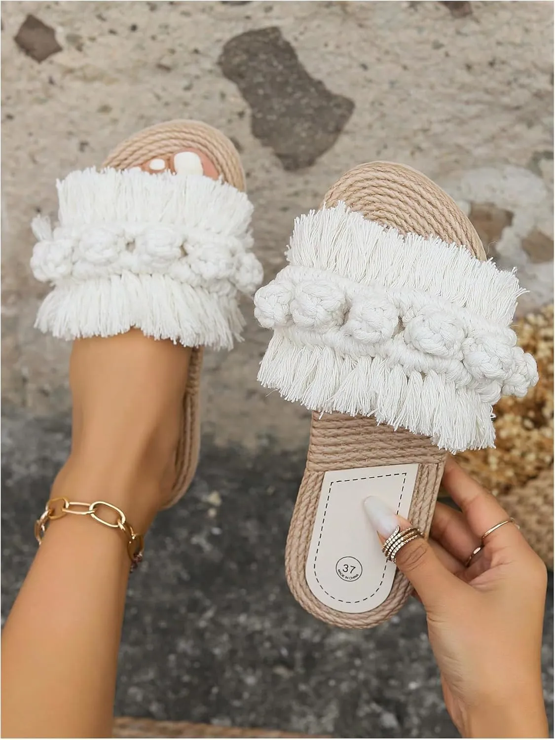 GORGLITTER Women's Boho Fringe Flat Sandals Dressy Wide Width Tassel Knot Open Toe Slides Summer Sandals Shoes 2025
