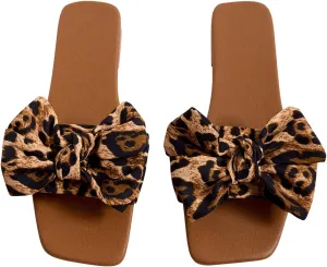 GORGLITTER Women's Bow Leopard Flat Sandals Cheetah Print Wide Fit Open Toe Slide Sandals
