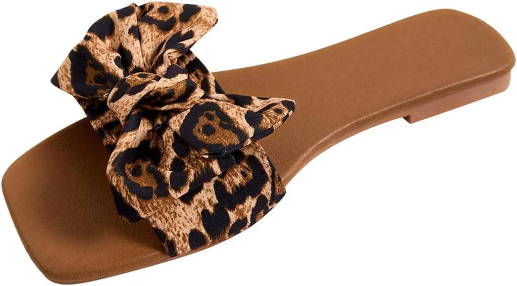 GORGLITTER Women's Bow Leopard Flat Sandals Cheetah Print Wide Fit Open Toe Slide Sandals