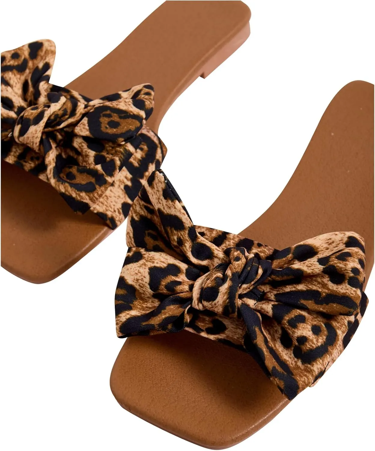 GORGLITTER Women's Bow Leopard Flat Sandals Cheetah Print Wide Fit Open Toe Slide Sandals