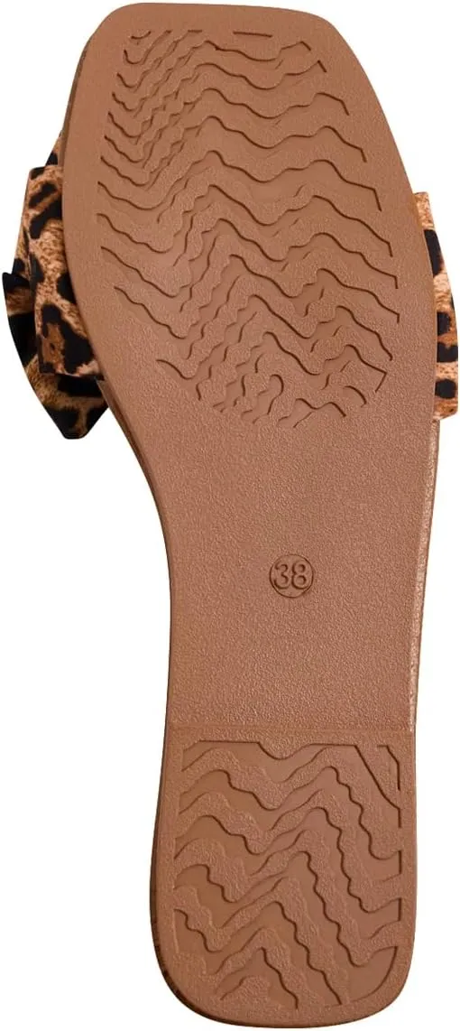 GORGLITTER Women's Bow Leopard Flat Sandals Cheetah Print Wide Fit Open Toe Slide Sandals