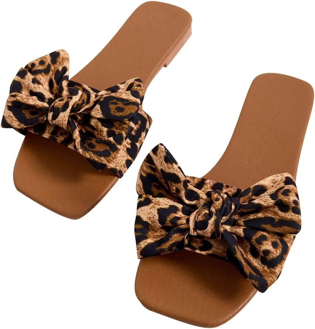 GORGLITTER Women's Bow Leopard Flat Sandals Cheetah Print Wide Fit Open Toe Slide Sandals