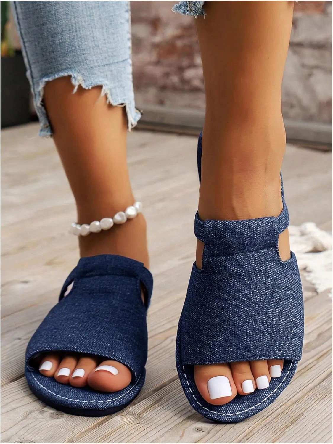 GORGLITTER Women's Denim Flat Sandals Wide Width Slip On Open Toe Dressy Slide Sandals