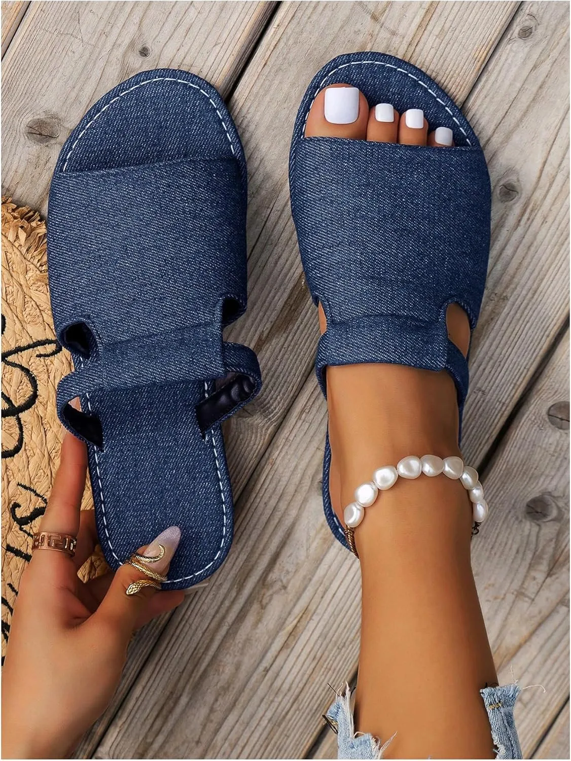 GORGLITTER Women's Denim Flat Sandals Wide Width Slip On Open Toe Dressy Slide Sandals