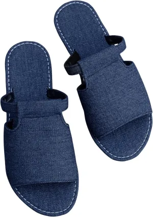 GORGLITTER Women's Denim Flat Sandals Wide Width Slip On Open Toe Dressy Slide Sandals