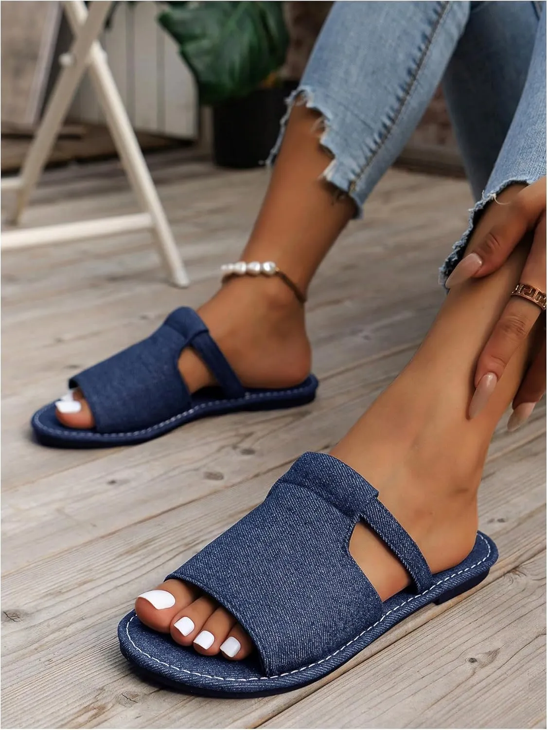 GORGLITTER Women's Denim Flat Sandals Wide Width Slip On Open Toe Dressy Slide Sandals