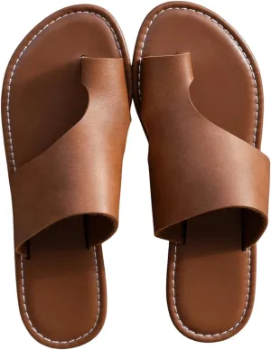 GORGLITTER Women's Leather Toe Ring Sandals Dressy Summer Slip on Slides Wide Width Beach Vacation Flats Sandals 2025