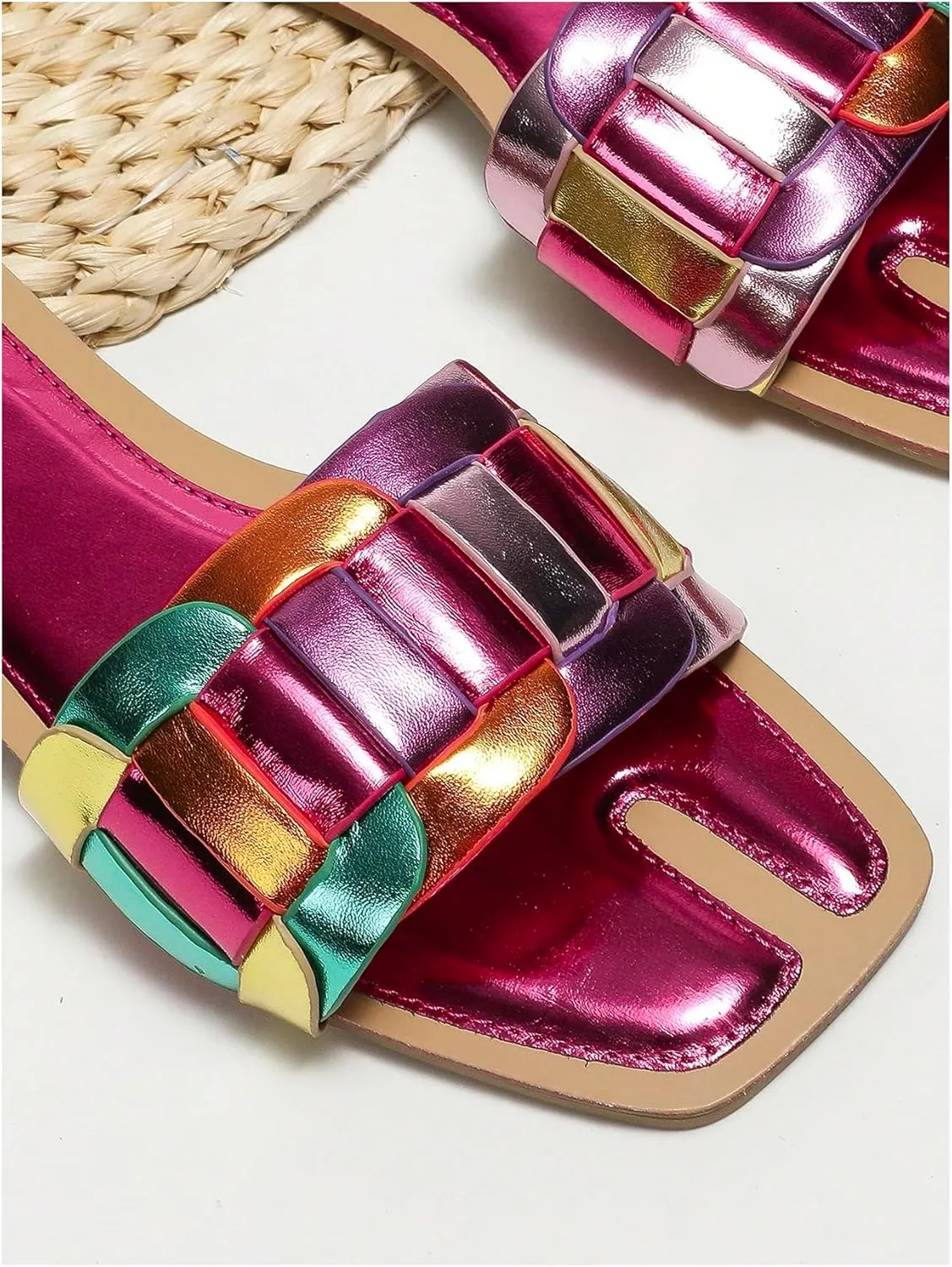 GORGLITTER Women's Metallic Flat Sandals Dressy Slippers Sparkly Summer Cute Open Toe Slip on Slides Beach Sandal 2025